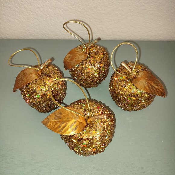 4 PCS Set Gorgeous Golden Apple Shaped Christmas Tree Ornaments Glitter Beads - Picture 1 of 5